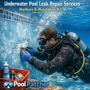 Underwater pool leak repair technician fixing a pool in Marlboro or Manalapan, NJ.