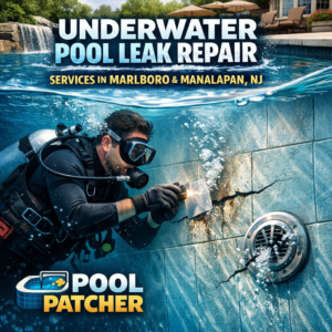 Technician repairing an underwater pool leak using specialized equipment in a residential pool in Marlboro, NJ.