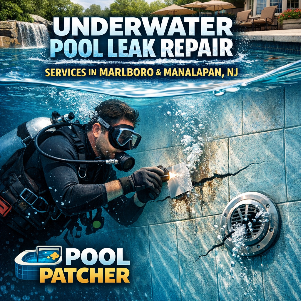 Technician repairing an underwater pool leak using specialized equipment in a residential pool in Marlboro, NJ.