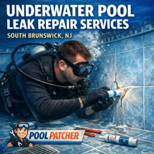 Technician repairing a pool leak underwater with specialized equipment in South Brunswick, NJ.