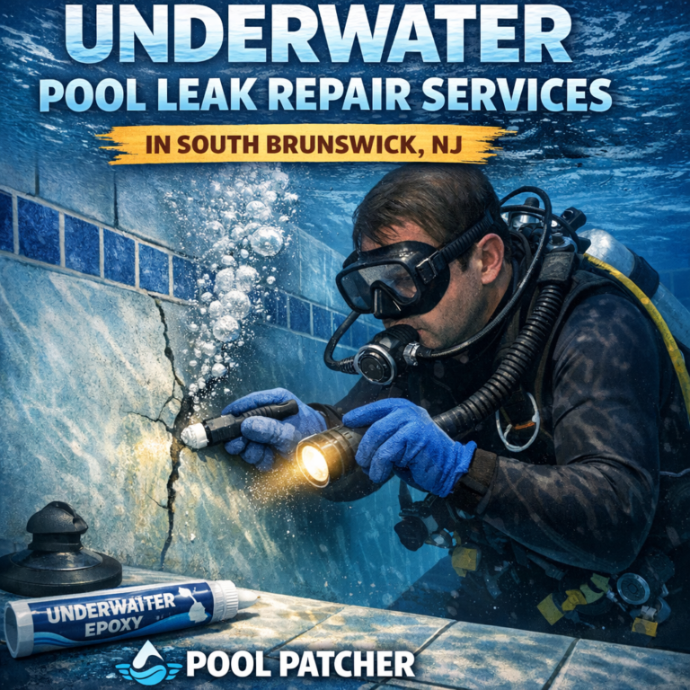 Technician repairing an underwater pool leak with specialized equipment in South Brunswick, NJ.