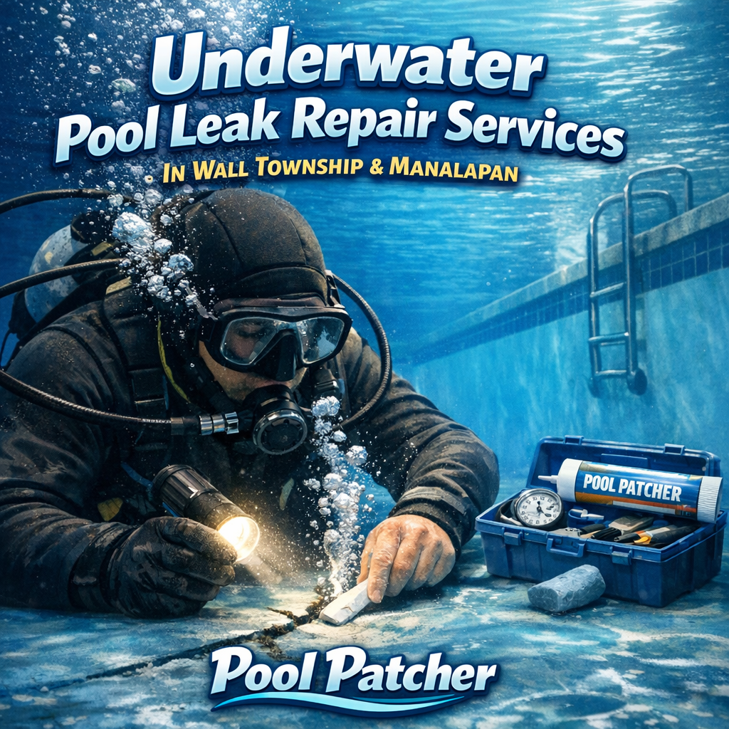 Technician repairing an underwater pool leak with specialized tools in a residential pool.