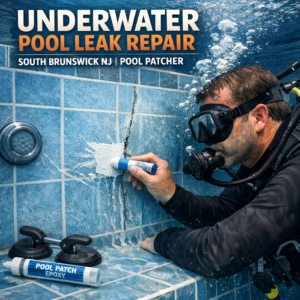 Professional repairing an underwater pool leak with tools in a residential swimming pool in South Brunswick, NJ.