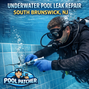 Technician repairing a pool leak underwater in South Brunswick, NJ with specialized equipment.