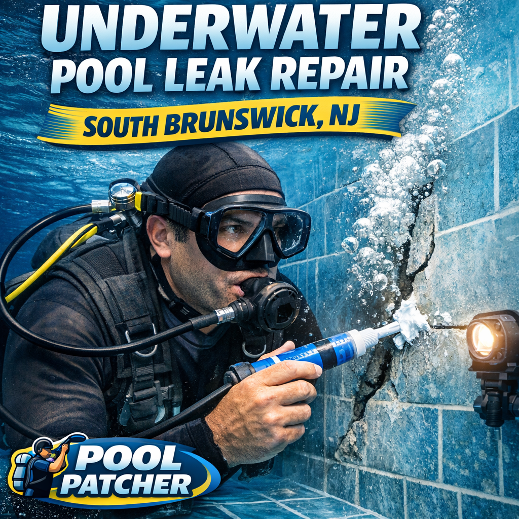 Technician performing underwater pool leak repair in a South Brunswick, NJ swimming pool.