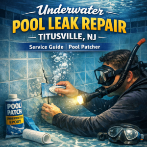 Technician applying pool patch epoxy underwater to repair leak in a residential swimming pool in Titusville, NJ.