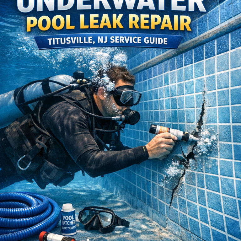 Professional diver inspects an underwater pool leak for repair service in Titusville, NJ.
