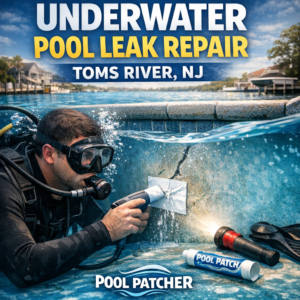 Technician repairing an underwater pool leak with specialized tools in Toms River, NJ.