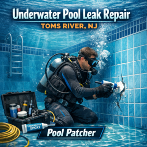 Technician repairing an underwater pool leak with specialized equipment in Toms River, NJ.