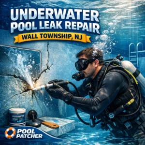 Technician performs underwater pool leak repair in Wall Township, NJ, fixing pool wall with specialist equipment.