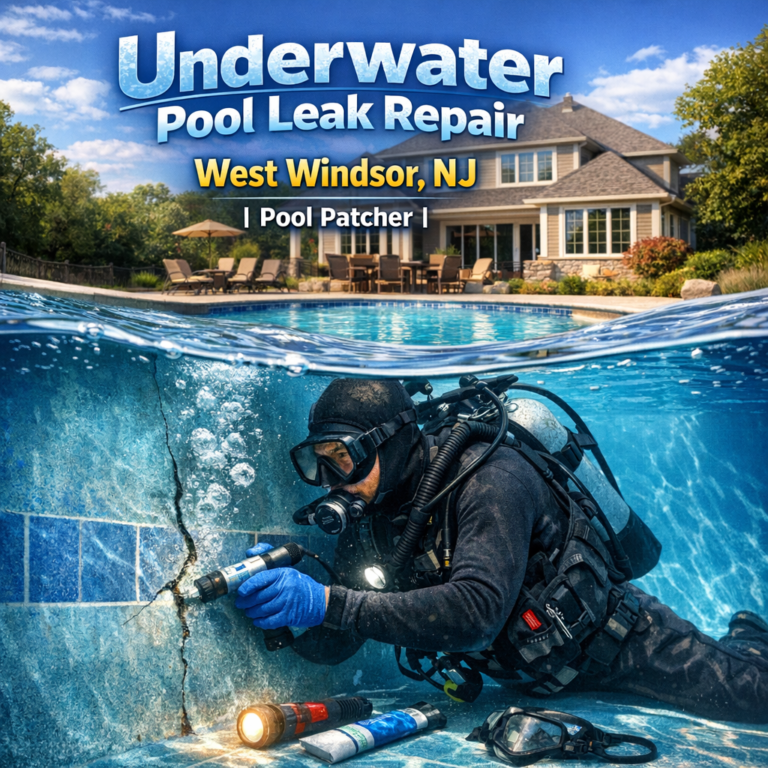 Technician performing underwater pool leak repair in a residential pool in West Windsor, NJ.