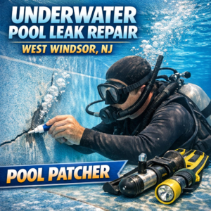 Professional repairs an underwater pool leak using specialized equipment in a residential pool in West Windsor, NJ.