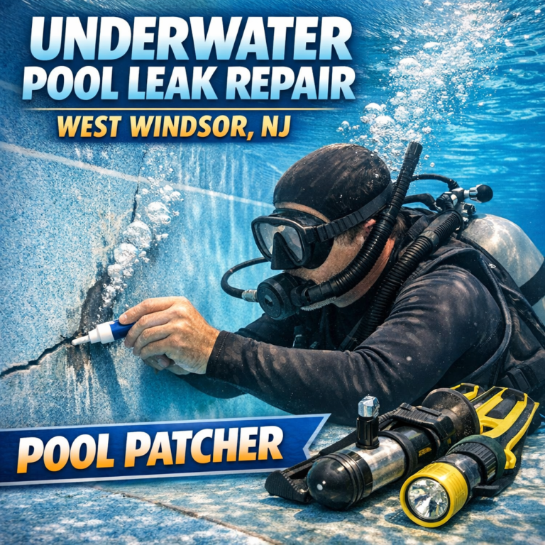 Professional repairs an underwater pool leak using specialized equipment in a residential pool in West Windsor, NJ.