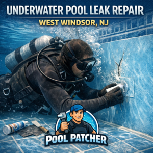 Technician performs underwater pool leak repair using specialized tools in a residential pool in West Windsor, NJ.