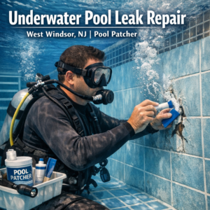 Professional repairing an underwater pool leak using specialized equipment in West Windsor, NJ.