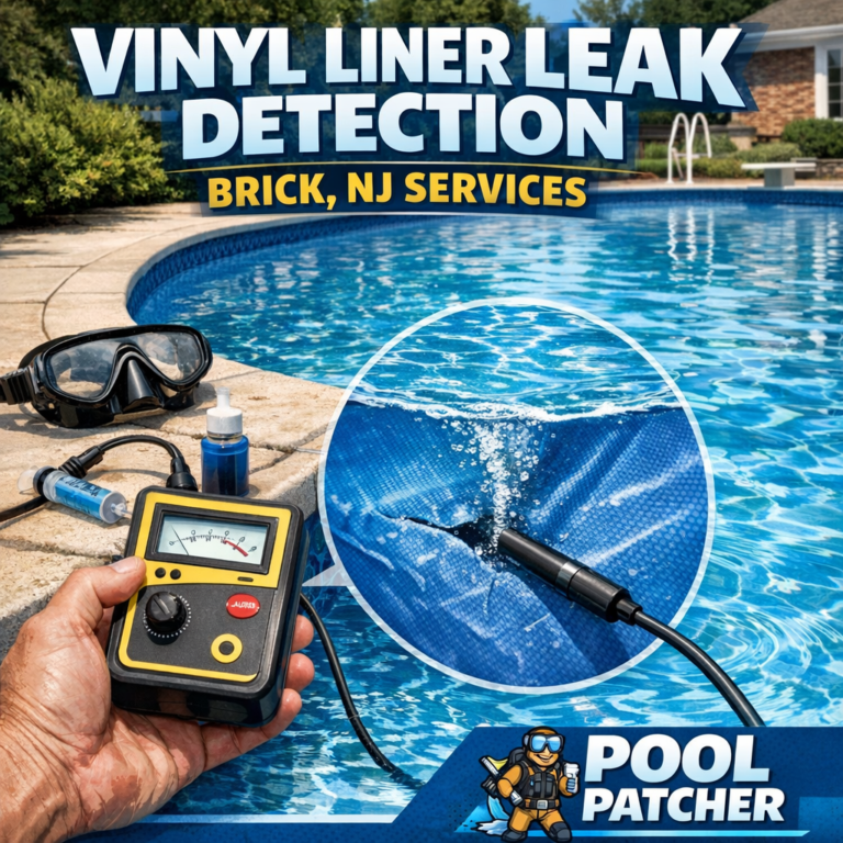 Technician uses specialized equipment to detect a vinyl liner pool leak in Brick, NJ.