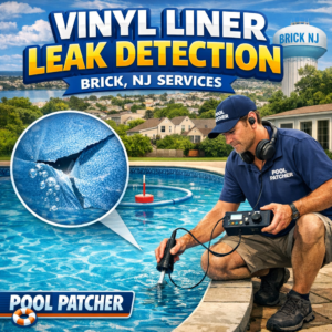 Technician using electronic equipment to detect a leak in a vinyl pool liner during service in Brick, NJ.