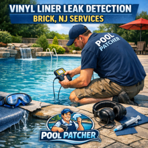 Technician inspecting a backyard pool with vinyl liner for leak detection using specialized equipment.