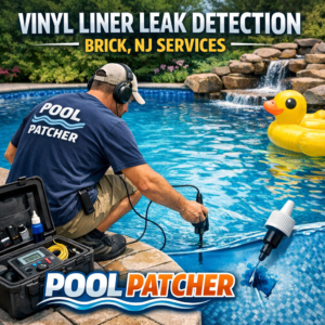 Technician using equipment to detect leaks in a vinyl pool liner in Brick, NJ.
