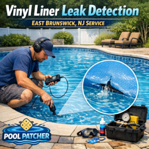 Technician inspecting a vinyl pool liner for leaks using specialized equipment in East Brunswick, NJ.