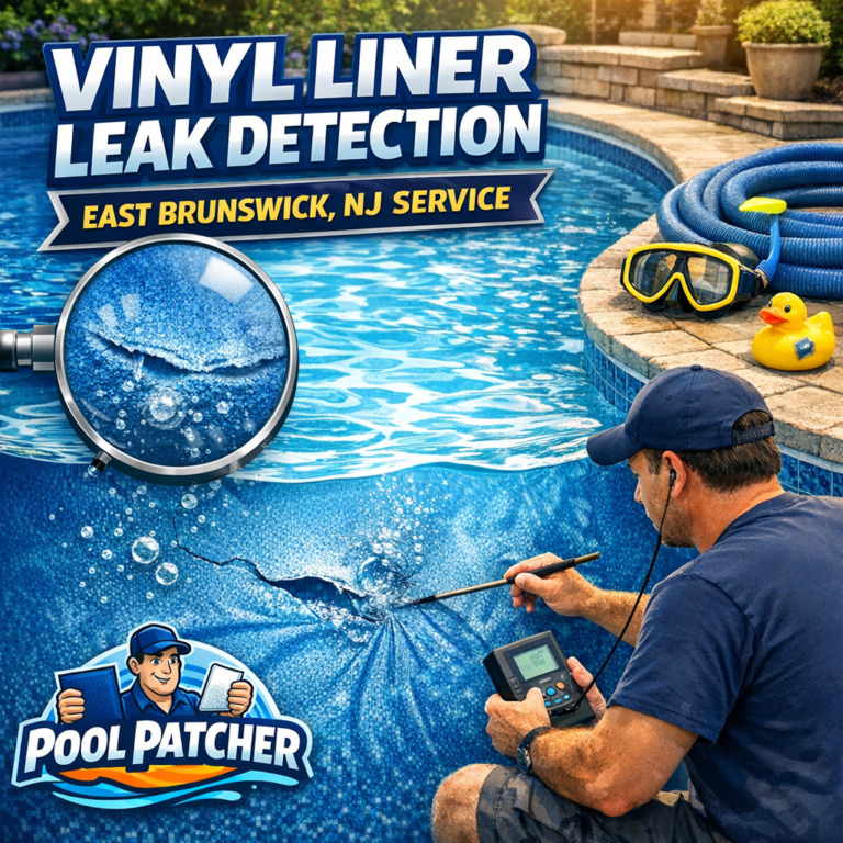 Technician inspecting a vinyl liner swimming pool for leaks using specialized detection equipment.