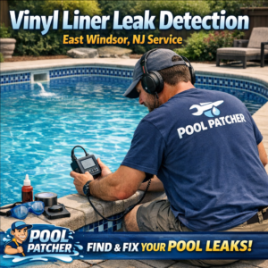 Technician using electronic equipment to detect leaks in a vinyl liner swimming pool in East Windsor, NJ.