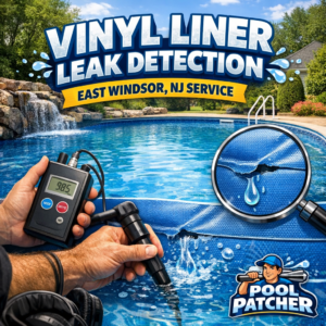 Technician inspecting a vinyl liner swimming pool for leak detection in East Windsor, NJ.