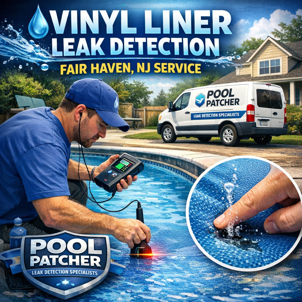 Technician inspecting a vinyl liner pool for leaks using specialized detection equipment in Fair Haven, NJ.