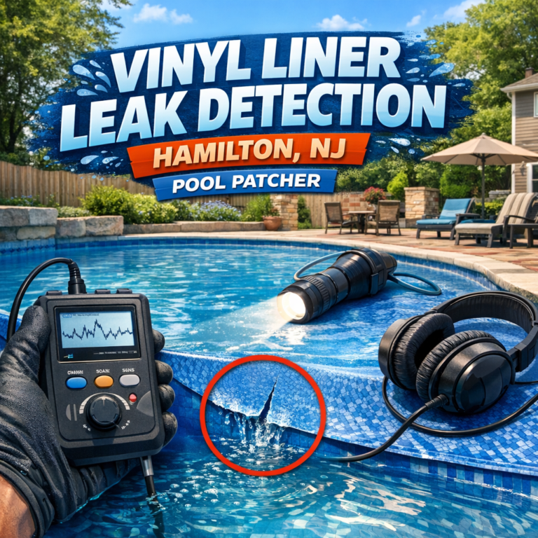 Technician using leak detection equipment on a vinyl liner pool in Hamilton, NJ.