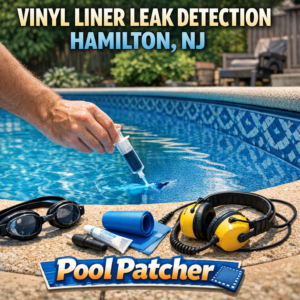 Technician inspecting a vinyl pool liner for leaks using specialized equipment in Hamilton, NJ.