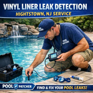Technician repairing a vinyl liner pool leak using professional leak detection equipment in Hightstown, NJ.