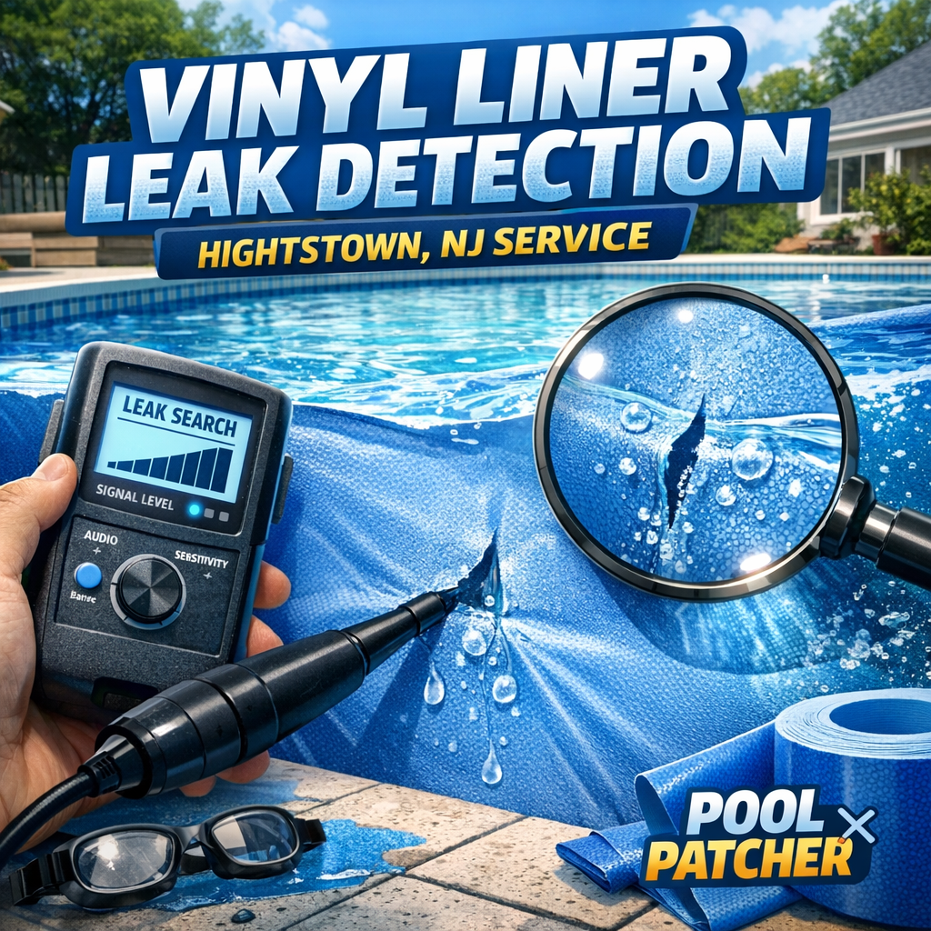 Technician inspecting a vinyl pool liner for leaks using specialized equipment in Hightstown, NJ.