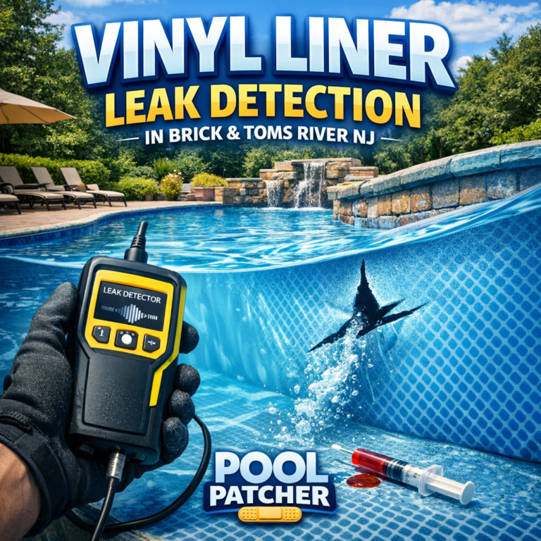 Technician inspecting a vinyl pool liner for leaks in a backyard pool in Brick and Toms River, NJ.