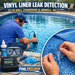 Technician inspecting vinyl pool liner for leaks in Wall Township and Howell, NJ, using specialized detection equipment.