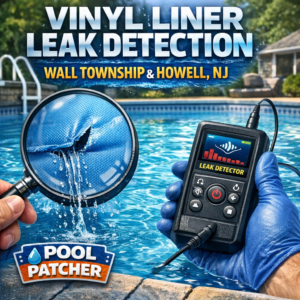 Technician using equipment to detect a vinyl liner pool leak in a backyard in Wall Township, NJ.