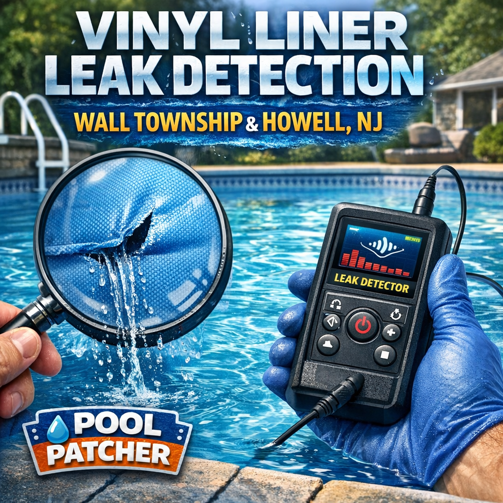 Technician using equipment to detect a vinyl liner pool leak in a backyard in Wall Township, NJ.
