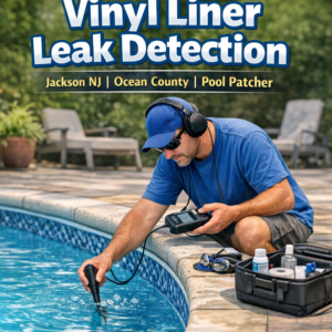 Technician inspecting a vinyl liner pool for leaks using specialized equipment in Jackson, NJ.