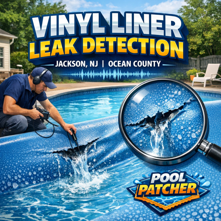 Technician using equipment to detect a vinyl liner leak in a swimming pool in Jackson, NJ.