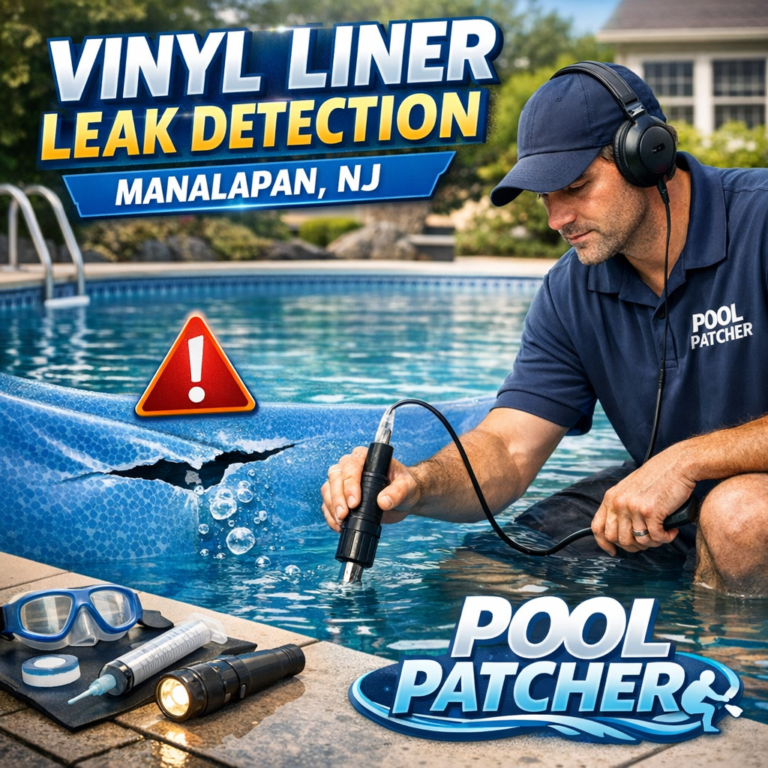 Technician performing vinyl liner leak detection on a residential pool in Manalapan, NJ.