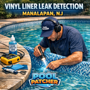 Technician detecting a leak in a vinyl liner swimming pool in Manalapan, NJ with specialized equipment.