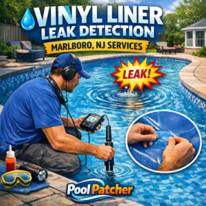 Technician inspecting a backyard pool vinyl liner for leaks using specialized equipment.