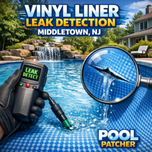 Technician inspecting a vinyl pool liner for leaks using detection equipment in Middletown, NJ.