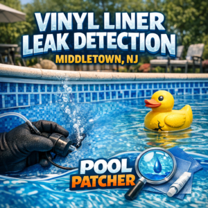 Technician inspecting a vinyl pool liner for leaks with specialized equipment in Middletown, NJ.