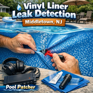 Technician inspecting a vinyl pool liner for leaks with specialized equipment in Middletown, NJ.