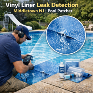 Close-up of a worker repairing a vinyl pool liner leak with professional patching tools in Middletown, NJ.