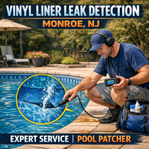 Technician using specialized equipment to detect a leak in a vinyl pool liner at a residential backyard pool.