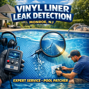 Technicians using specialized equipment to detect and repair leaks in a vinyl liner pool in Monroe, NJ.