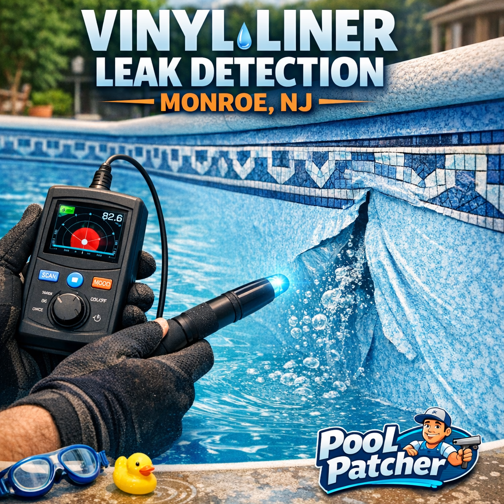 Technician inspecting a vinyl pool liner for leaks using specialized equipment in Monroe, NJ.