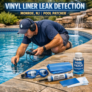Technician inspecting a vinyl pool liner for leaks during professional pool patching service in Monroe, NJ.