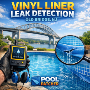 Technician inspecting a vinyl liner pool for leaks using specialized equipment in Old Bridge, NJ.
